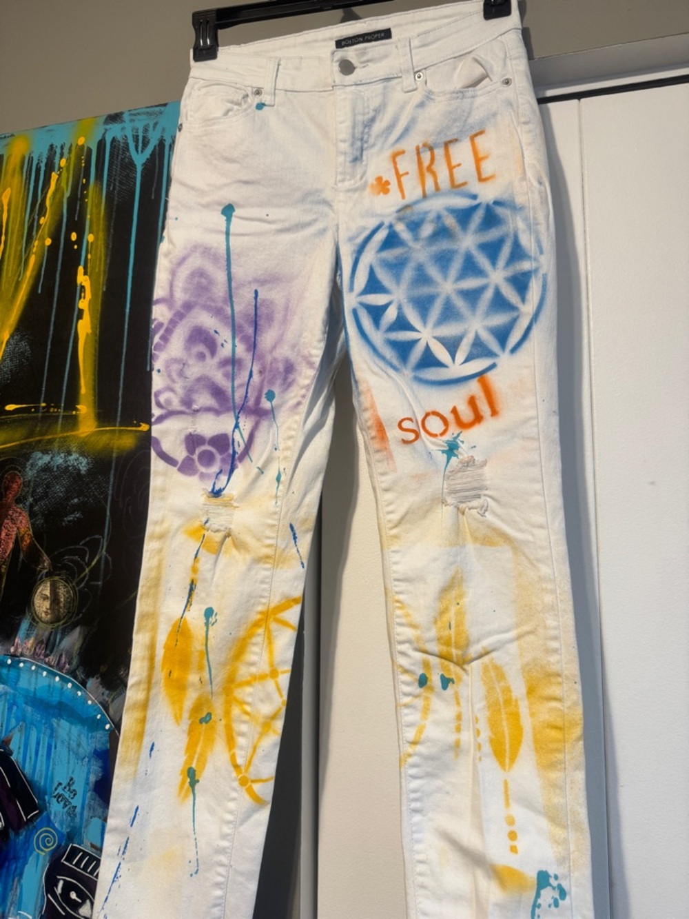 Hand Painted White Boston Proper Jeans Custom streetwear size 28